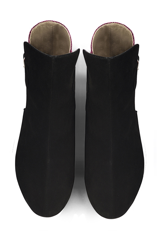 Women's matt black and fuchsia pink elegant ankle boots, with buckles at the back. Round toe. Flat block heels - Top view